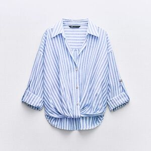 Zara Striped Linen Blend Knotted Shirt – Size Small